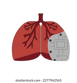 Cartoon human lungs  with a computer bar. isolated on white background. A chip in the lung.