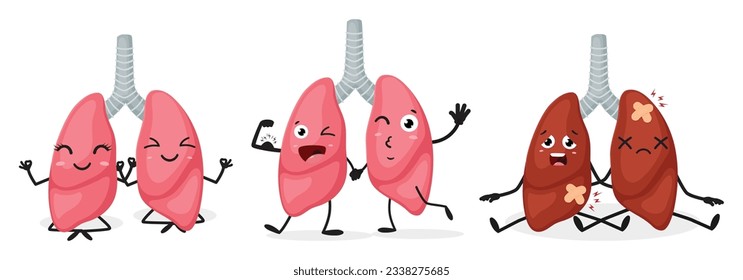 Cartoon Human lungs organ emotion, set of Cute characters, Isolated on white background