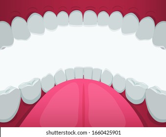 Cartoon human mouth white teeth view inside vector graphic illustration. Person clean healthy tooth with pink tongue and gum isolated on white background. Dental health care and orthodontic concept