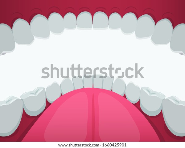 ベクター画像グラフィックイラストの中に 人間の口の白い歯を描いたビュー 白い背景にピンクの舌とガムを使って健康な歯を清潔にする人 歯科医療と歯列矯正の コンセプト のベクター画像素材 ロイヤリティフリー