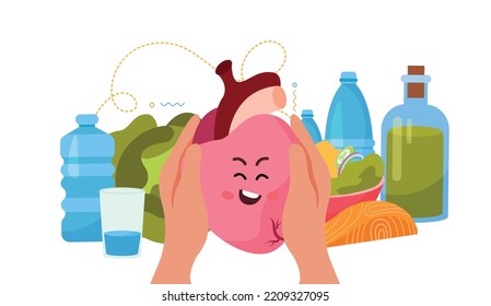 Cartoon human organ flat composition with hands holding cute happy heart with best products for its health in background vector illustration