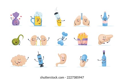 Cartoon human organs and bad habits flat set with lungs brain stomach kidneys bottle of alcohol sweet cigarette isolated on white background flat vector illustration