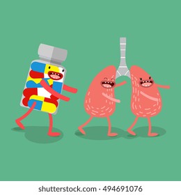 Cartoon human organs, which runs the medicine. The concept of health and medicine, a healthy lifestyle. Vector
