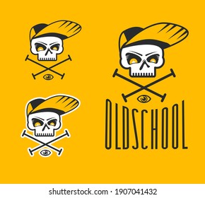 Cartoon human skull in a baseball cap with crossbones. Cool comic style illustration. old school