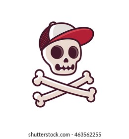 Cartoon human skull in baseball cap with crossbones. Cool comic style illustration.