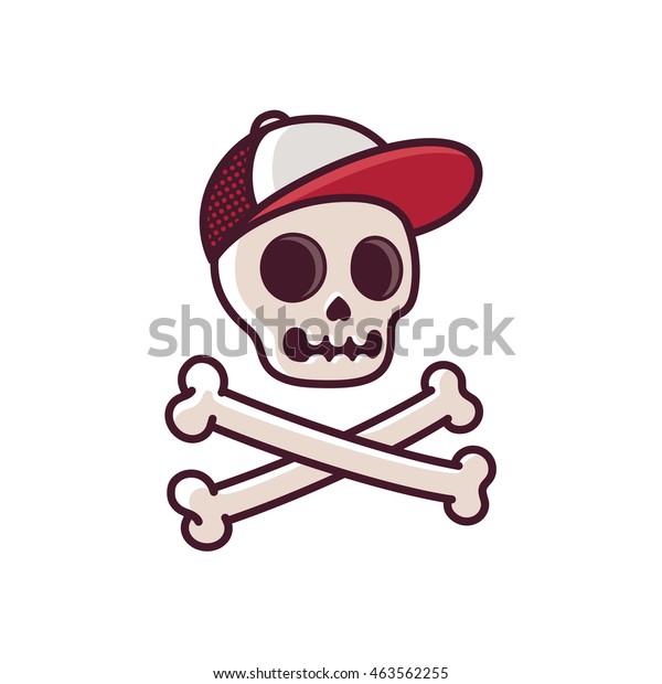 Cartoon human skull in baseball cap with\
crossbones. Cool comic style\
illustration.