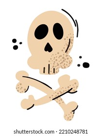 Cartoon human skull and crossbones isolated on white background. Funny ute decorative illustration or design pirate element for Halloween and Day of The Dead. Jolly Roger vector skeleton symbol.