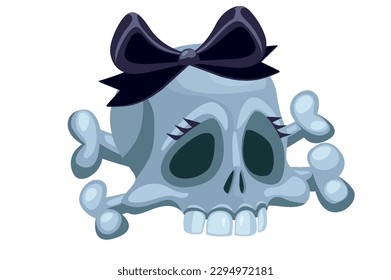 Cartoon human skull girl with black bow. Vector illustration isolated on white background