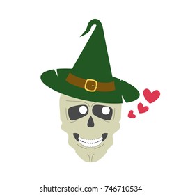 A cartoon human skull with happy face in a green witch's pointed hat