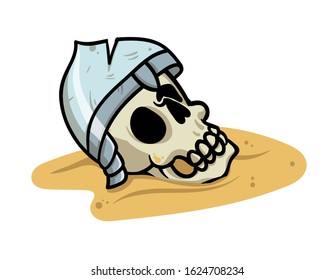 Cartoon human skull in a helmet on the sand. Flat vector illustration, isolated on white background.
