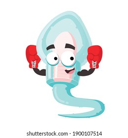 cartoon human sperm cell mascot in red boxing gloves on white background