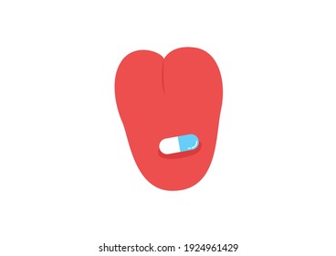 Cartoon human tongue on white background, Capsule on the tongue. Tongue icon. Vector illustration.