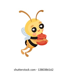 Cartoon humanized bee bears a pot of honey. Vector illustration.