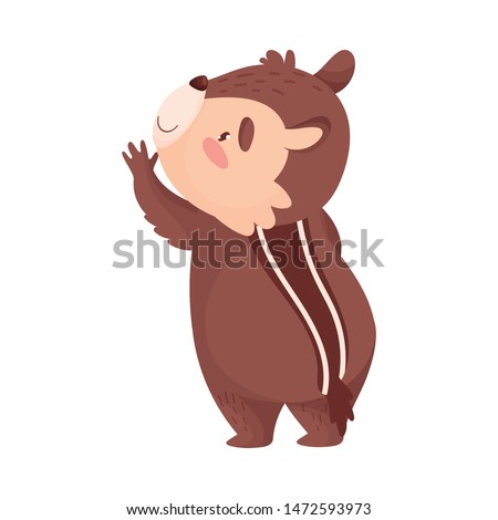 Cartoon humanized chipmunk stands with one paw pointing up. Vector illustration on white background.