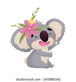 Cartoon humanized cute koala with a flower. Vector illustration on white background.