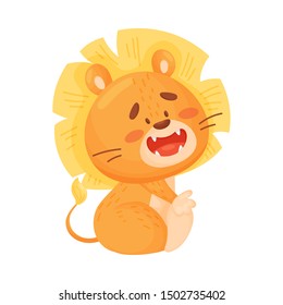 Cartoon humanized lion cub sitting. Vector illustration on a white background.