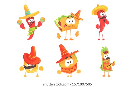 Cartoon humanized traditional mexican food. Set of vector illustrations.