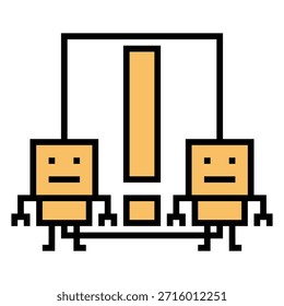 Cartoon humanoid robô ponto de exclamação brinquedo robô engenheiro robô máquina de negócio vetor personagem automação eletrônico de fundo 8 bits inteligência artificial pixel art.