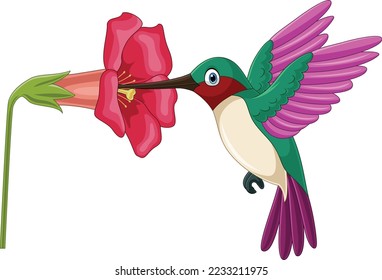 Cartoon hummingbird sipping nectar from flowers