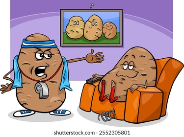 Cartoon humor concept illustration of couch potato saying or proverb