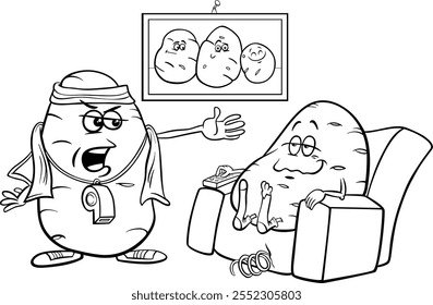 Cartoon humor concept illustration of couch potato saying or proverb coloring page