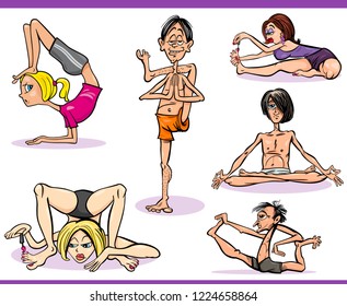 Cartoon Humor Illustration of People Practicing Yoga Positions or Asanas