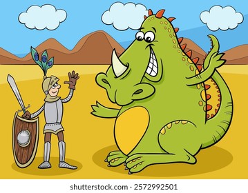 Cartoon humorous fantasy illustration of dragon and fantasy characters knight having a friendly talk