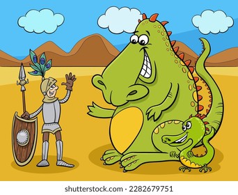 Cartoon humorous fantasy illustration of dragons and knight having a friendly talk