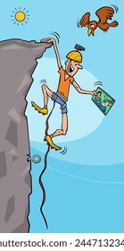 Cartoon humorous illustration of a climber man watching a movie or broadcast on a tablet pc