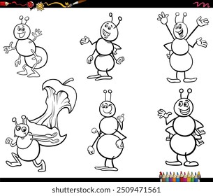 Cartoon humorous illustration of comic ants insects animal characters set coloring page