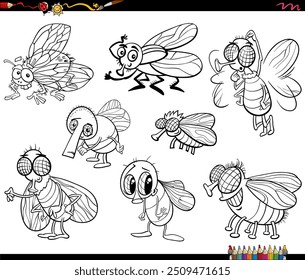 Cartoon humorous illustration of comic flies insects animal characters set coloring page