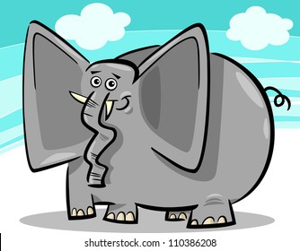 Cartoon Humorous Illustration of Funny Gray Elephant against blue sky