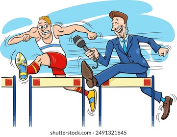 Cartoon humorous illustration of hurdle runner and reporter doing an interview