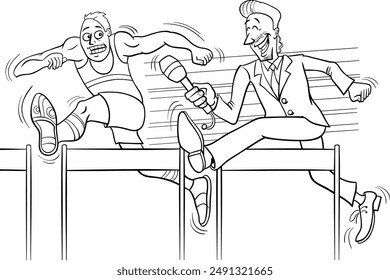 Cartoon humorous illustration of hurdle runner and reporter doing an interview coloring page