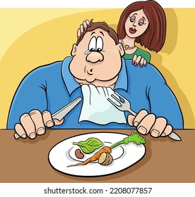 Cartoon humorous illustration of sad man on a diet with his wife