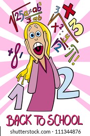 Cartoon Humorous Illustration of Teenage Girl Student Frightened of Coming Back to School and Difficult Math Tasks