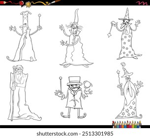 Desenho animado ilustração humorística de personagens de fantasia wizards definir colorir página