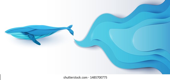 Cartoon humpback whale with blue waves isolated on white background in trendy paper cut craft graphic style. Vector illustration.