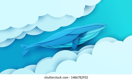 Cartoon humpback whale flying in sky with clouds. Trendy paper cut craft graphic style. Vector illustration.