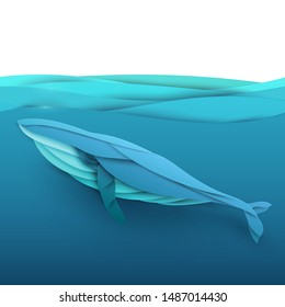 Cartoon humpback whale rises to surface underwater in trendy paper cut craft graphic style. Vector illustration.