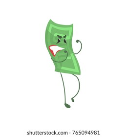 Cartoon hundred dollar bill character in fighting pose. Money and finance concept. Flat green banknote icon. Vector illustration for sticker, poster on flyer