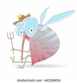 Cartoon hungry mosquito holding fork.  T-shirt design, fashion print. Vector illustration.