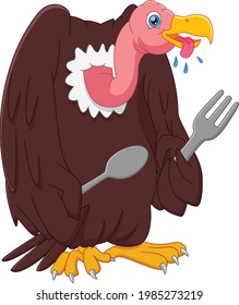 cartoon hungry vulture holding spoon and fork