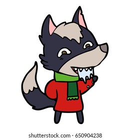 Cartoon hungriger Wolf in Winterkleidung