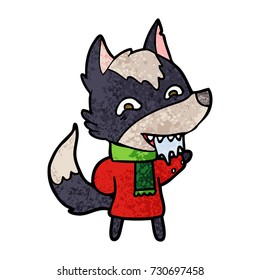 cartoon hungry wolf in winter clothes