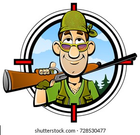 Cartoon hunter. Avatar, emblem, logo.