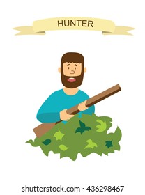 Cartoon hunter with gun.Funny cartoon character. Vector illustration in modern flat style. Hunter in ambush.  Isolated on white background