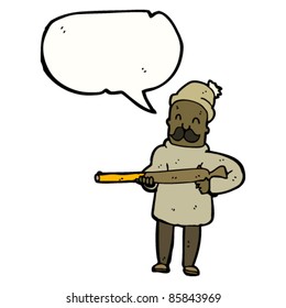cartoon hunter with rifle and speech bubble