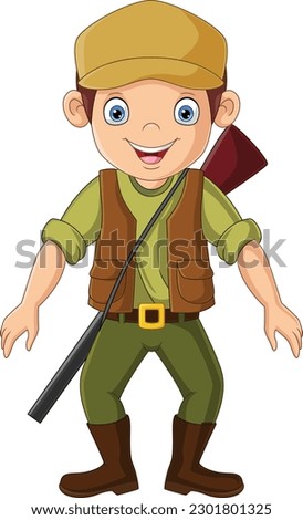 Cartoon hunter with shotgun on white background