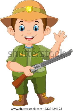 Cartoon hunter with shotgun on white background of illustration